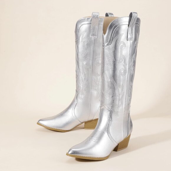 Women's Silver Cowgirl Knee High Western Boot Chunky Low Pointed Toe Booties - Picture 4 of 6